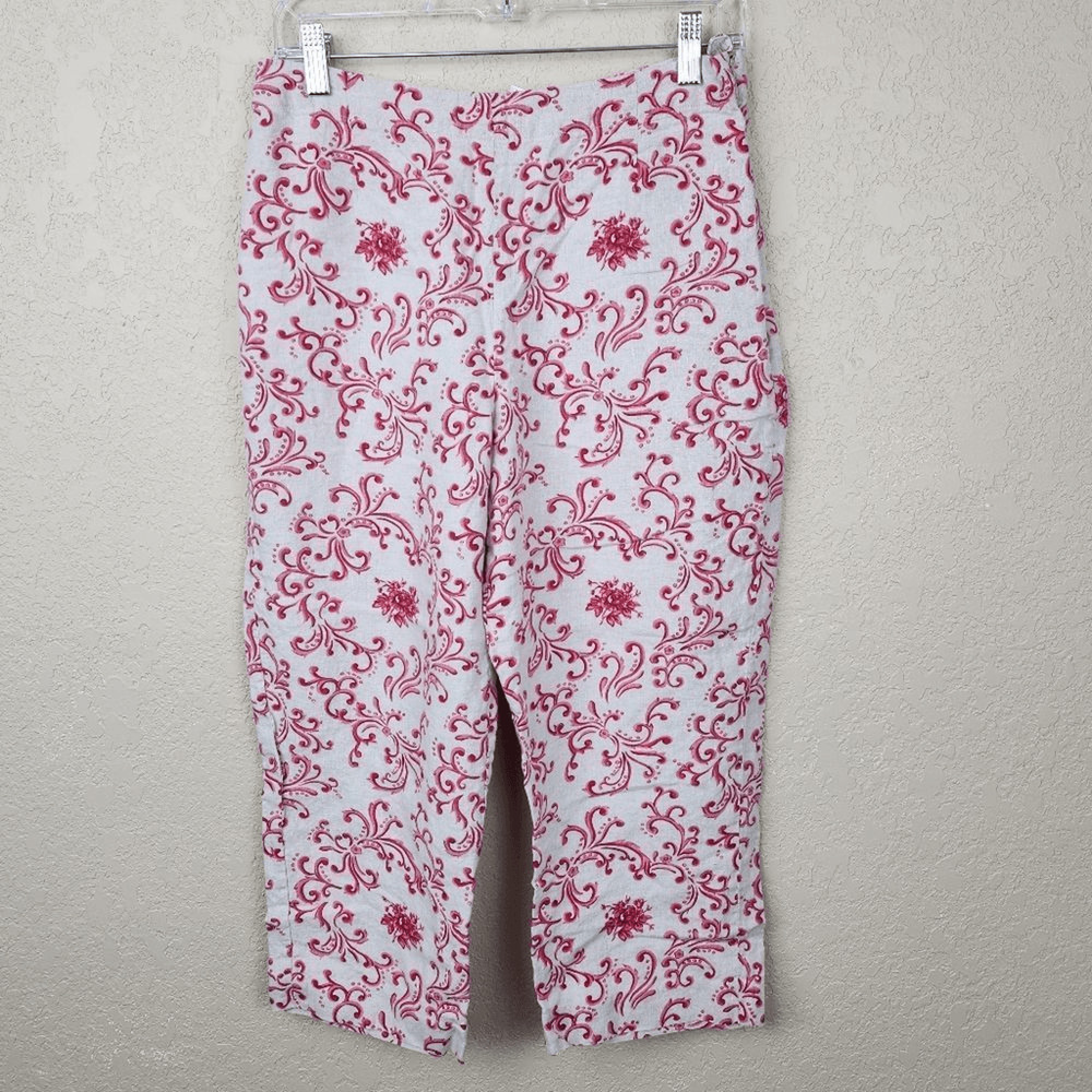 Talbots Vintage Red Scroll Print Irish Linen Casual Pants 12 PETITE (6908)